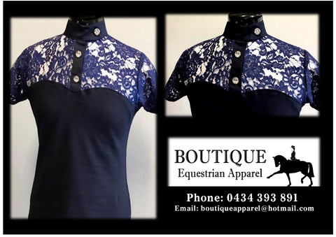 Lace Short Sleeve Shirt with Ratcatcher Collar -  Navy